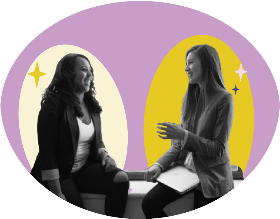 Two women sitting on a bench together, smiling. Their image is in black and white and behind them are colourful graphic blocks.